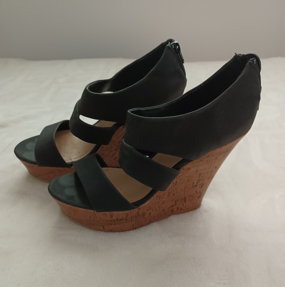 Black strap cork wedge heels